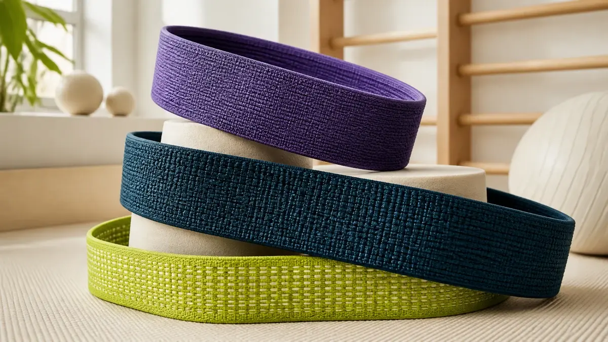 Tre brede booty bands i vevd tekstil rundt stablede skumformer