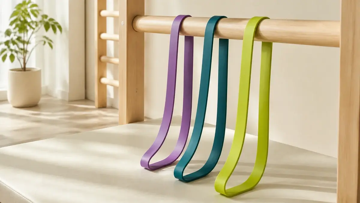 Tre pull-up-strikker i ulik motstand hengt over en ribbevegg