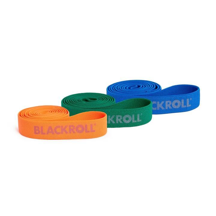 Sett med tre Blackroll Super Band i oransje, grønn og blå